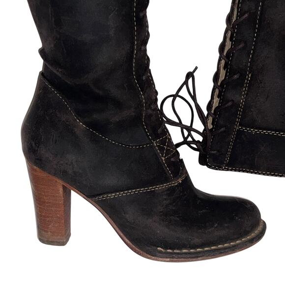 Frye Lace Villager Tall Brown Distressed Leather Lace-up Heeled Boots 6.5 77610 - Picture 6 of 12